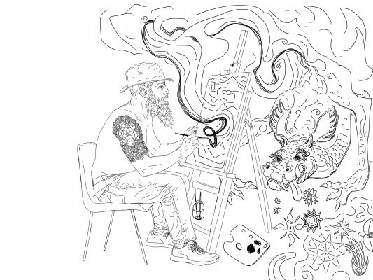 An artist paints at his easel James Tovey art 2025 digital drawing