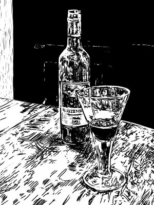 James Tovey artist 2023 bottle and glass of red wine