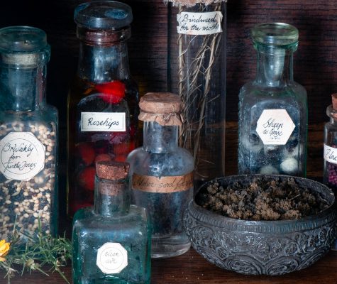 collection of old bottles and containers with labels including Rose Hips, seed for Turtle Doves, Field Bindweed for Four-spotted Moth