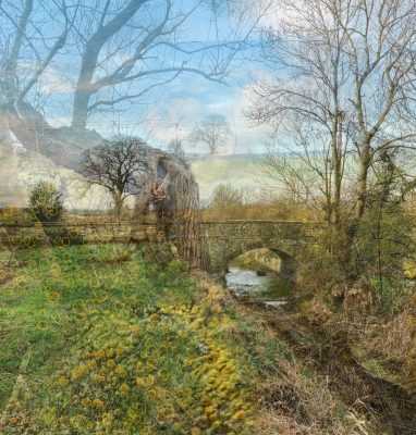 digital collage of drawing and photographs taken on 30th January 2023, on the place once known as Westings Meadow. One of an on-going series about local history, landscape & place