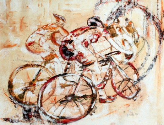 Orange Etching of peterborough cycling team,sport etching of cycle team,tour de Peterborough orange etching