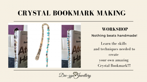 Crystal bookmark workshop. Metal carved bookmark with crystal beads hanging down the spine.
