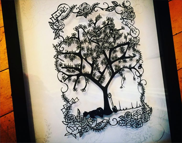 Rowena's work is hand drawn and hand cut and her pieces can be personalized! Family Trees are her most popular item with people returning to order work for special occasions.