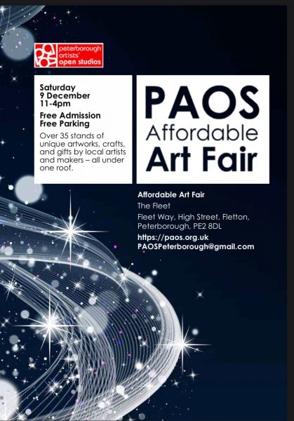 The PAOS Affordable Art Fair returns this Saturday 9th December 2023!

With around thirty five artists setting up stalls and showing works priced under £100,  this years event showcases  PAOS artists art and craft Christmas creative present making capabilities.

Come and meet the PAOS artists braving the wintry weather and bringing Christmas cheer to what has proved to be an annual favourite on the PE area arts calendar. Last years event proved such a success the format has been maintained this year reflecting the number of artists wanting to take part and the large number of visitors that the PAOS fair attracts.

Lisa Helin PAOS Chair will be there, the affordable art fair will also be a chance for artists wishing to join PAOS to meet a good proportion of PAOS members. Visitors can meet Lisa, and see some of the fantastic unique work created, and maybe purchase that perfect individual present for someone special.

PAOS Affordable Art Fair

Saturday 9th December 2023

11 am - 4 pm

The Fleet

Fleet Way, High Street, Fletton. Peterborough, PE2 8DL

 

Free Admission and Free Parking

PAOSpeterborough@gmail.com

 



 