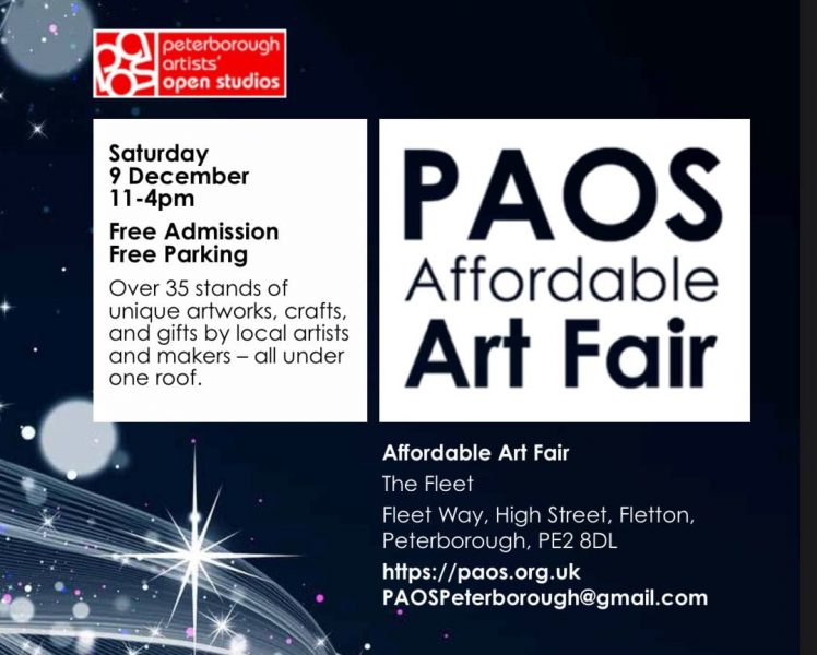 The PAOS Affordable Art Fair returns this Saturday 9th December 2023!

With around thirty five artists setting up stalls and showing works priced under £100,  this years event showcases  PAOS artists art and craft Christmas creative present making capabilities.

Come and meet the PAOS artists braving the wintry weather and bringing Christmas cheer to what has proved to be an annual favourite on the PE area arts calendar. Last years event proved such a success the format has been maintained this year reflecting the number of artists wanting to take part and the large number of visitors that the PAOS fair attracts.

Lisa Helin PAOS Chair will be there, the affordable art fair will also be a chance for artists wishing to join PAOS to meet a good proportion of PAOS members. Visitors can meet Lisa, and see some of the fantastic unique work created, and maybe purchase that perfect individual present for someone special.

PAOS Affordable Art Fair

Saturday 9th December 2023

11 am - 4 pm

The Fleet

Fleet Way, High Street, Fletton. Peterborough, PE2 8DL

 

Free Admission and Free Parking

PAOSpeterborough@gmail.com

 



 