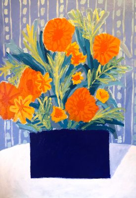 Painting of orange flowers in blue vase