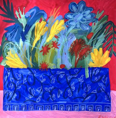 Painting of flowers in ornate blue vase
