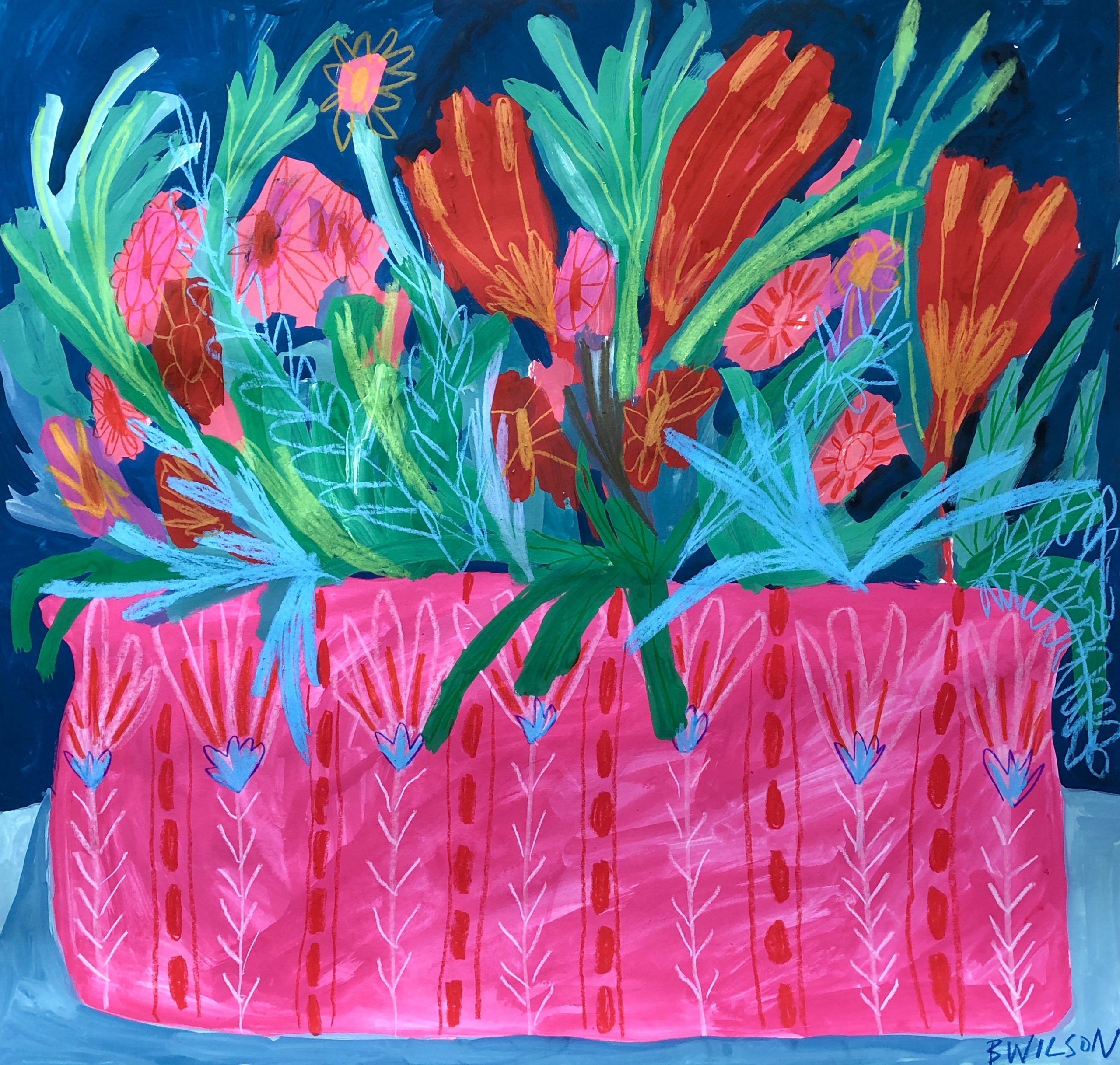 Painting of flowers in pink vase with blue background
