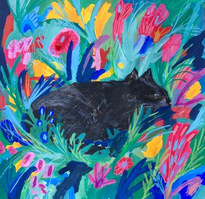 Painting of cat sleeping in flowers