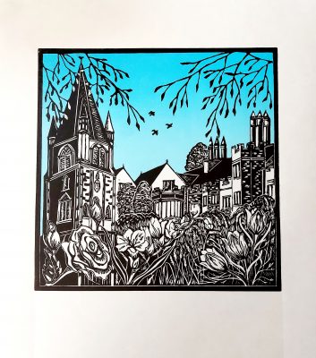Blue and burnt umber linocut print featuring Barnack Church, Irnham Hall, pasque flowers on Hills and Holes