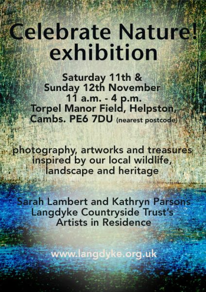 Celebrate Nature!
Exhibition of work by Sarah Lambert and Kathryn Parsons
Saturday 11th & Sunday 12th November 2023
11am - 4pm 
at Torpel Manor Field Nature Reserve, Helpston, Cambs, UK (nearest postcode PE6 7DU)
with Langdyke Countryside Trust
 


Call in and enjoy seeing our recent experiments in natural dyeing, plus cyanotypes, photography, miniature mixed media sculptures and more!
 


Learn about our local landscape, biodiversity and the work of Langdyke Countryside Trust!
 


Treat yourself or another and buy truly unique, locally made gifts and artworks.... with 10% of takings going to support Langdyke’s work!
 


By the junction of West Street and Langley Bush Road. Cake & hot drinks available.
More information here - https://langdyke.org.uk/2023/09/celebrate-nature/

 

 
