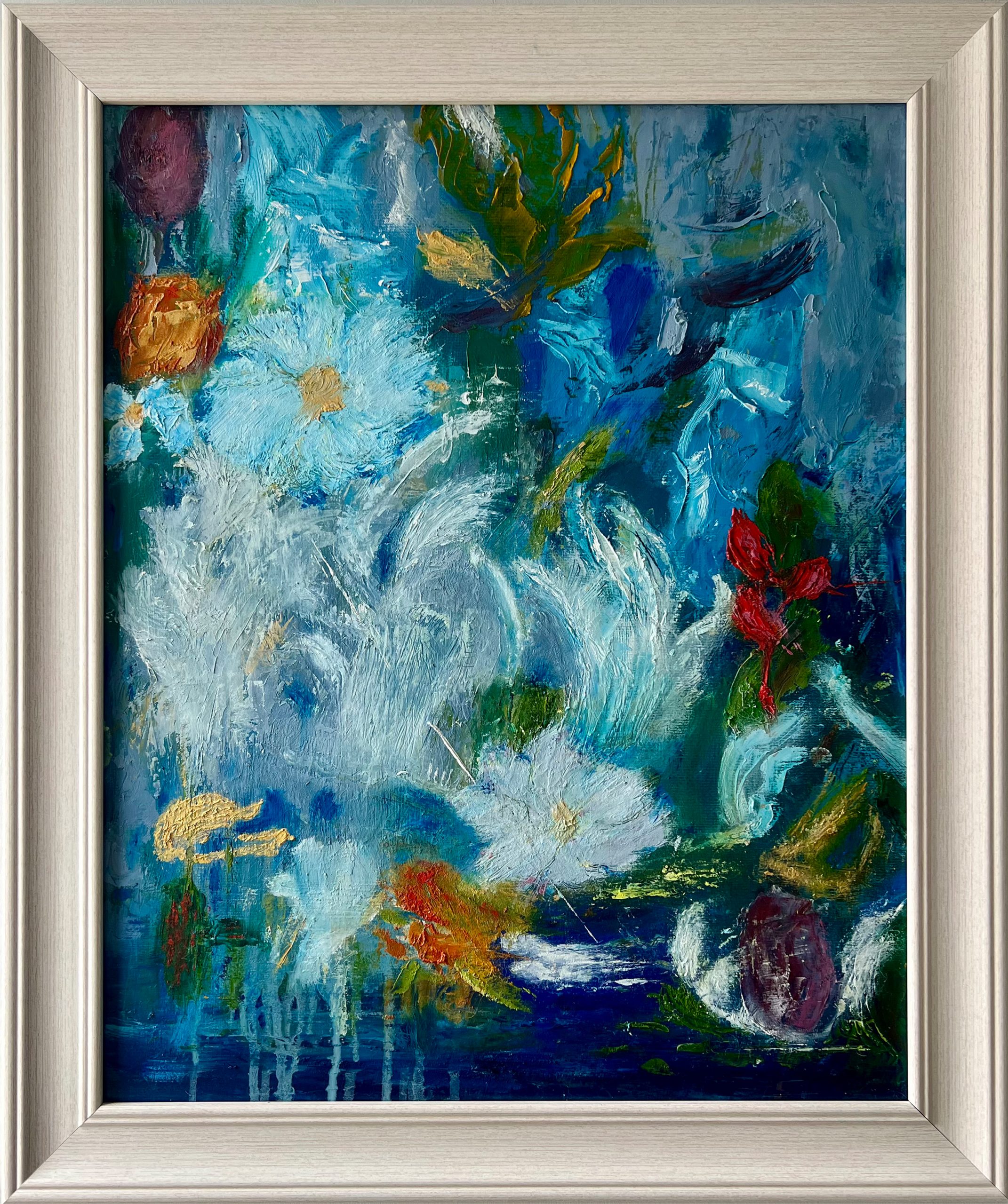 'Dances With Flowers' Oil on canvas board, framed.