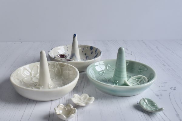 Jewellery caddy, ring holder, jewellery dish, porcelain clay, wheel thrown, slip trailed textured surface, spring fresh colours, earring dishes.