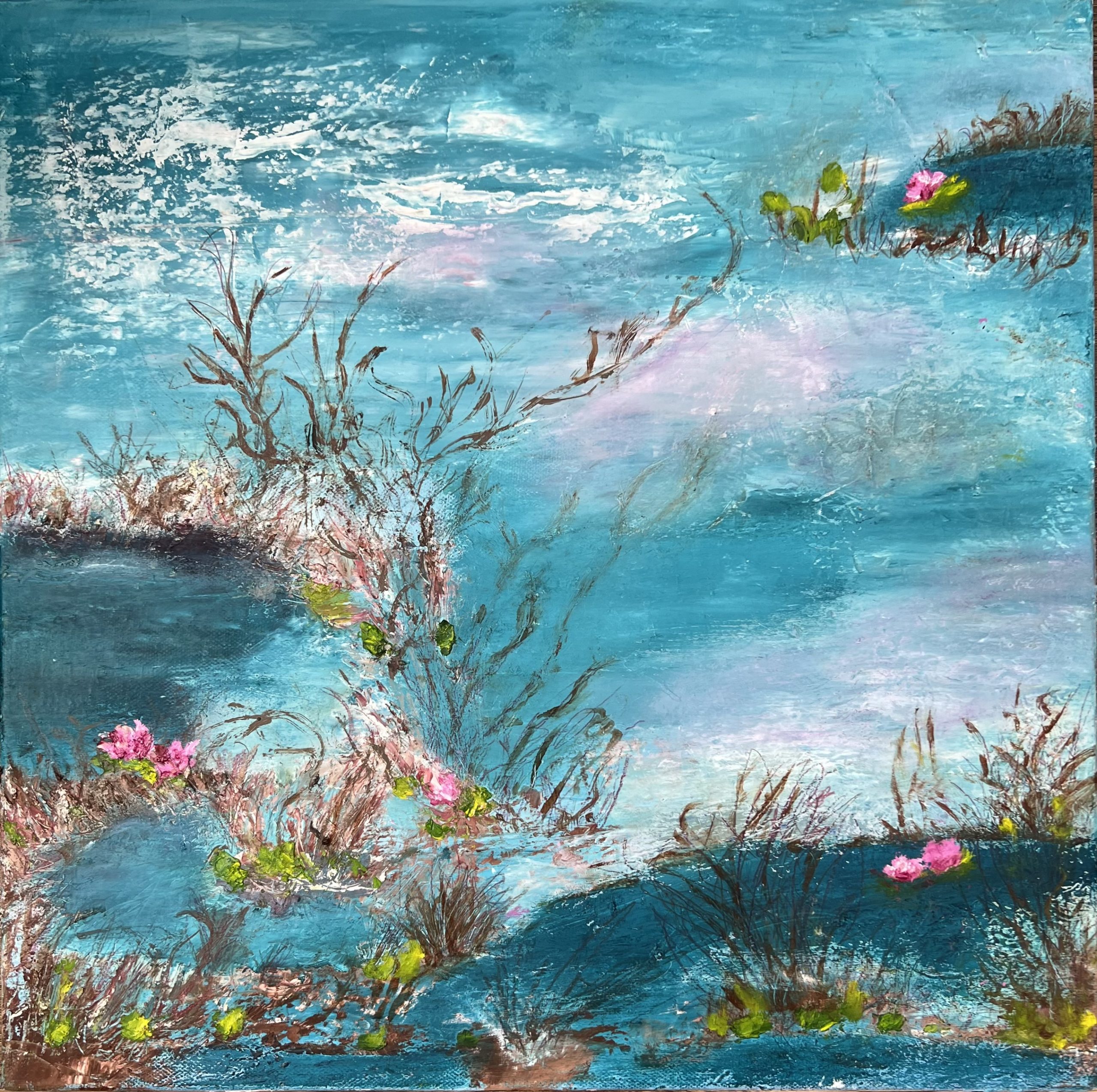 Wild Water lilies, oil and cold wax painting, azure ponds and pink hues of the water lilies.