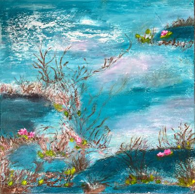 Wild Water lilies, oil and cold wax painting, azure ponds and pink hues of the water lilies.