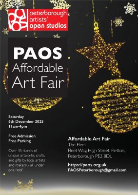 Black poster with gold Christmas stars and text details of the PAOS Affordable Art Fair