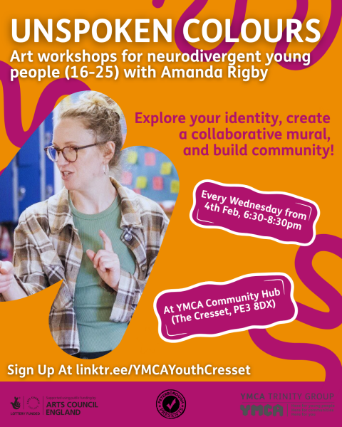 Unspoken Colours is an engaging series of art workshops designed specifically for neurodivergent young people aged 16 to 25. Hosted at the YMCA Community Hub in The Cresset, Peterborough, these sessions offer a dedicated space to explore identity and build community through the power of creativity. Participants have the unique opportunity to work together on a collaborative mural, turning individual expression into a shared piece of public art. The workshops run every Wednesday evening from 6:30 PM to 8:30 PM, starting on February 4th.
The program is led by Amanda Rigby, a professional artist and illustrator with extensive experience in school and community-based projects. Her work focuses on collaboration and large-scale art, with a philosophy centered on making the creative process joyful and inclusive. Under her guidance, the workshops aim to help young people feel seen and supported as they discover new ways to express themselves. Supported by Arts Council England and the YMCA Trinity Group, the event is free to join via the official sign-up link.
Sign Up: linktr.ee/YMCAYouthCresset&nbsp;