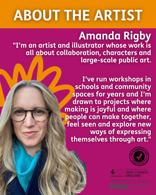 A poster about the artist with her picture in the bottom left corner