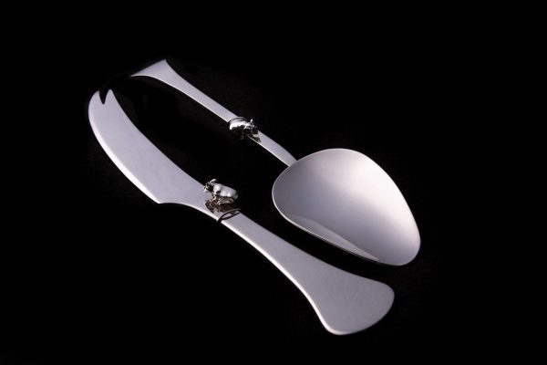 Silver Cheese Knife and Stilton Scoop with silver cast mouse on handles