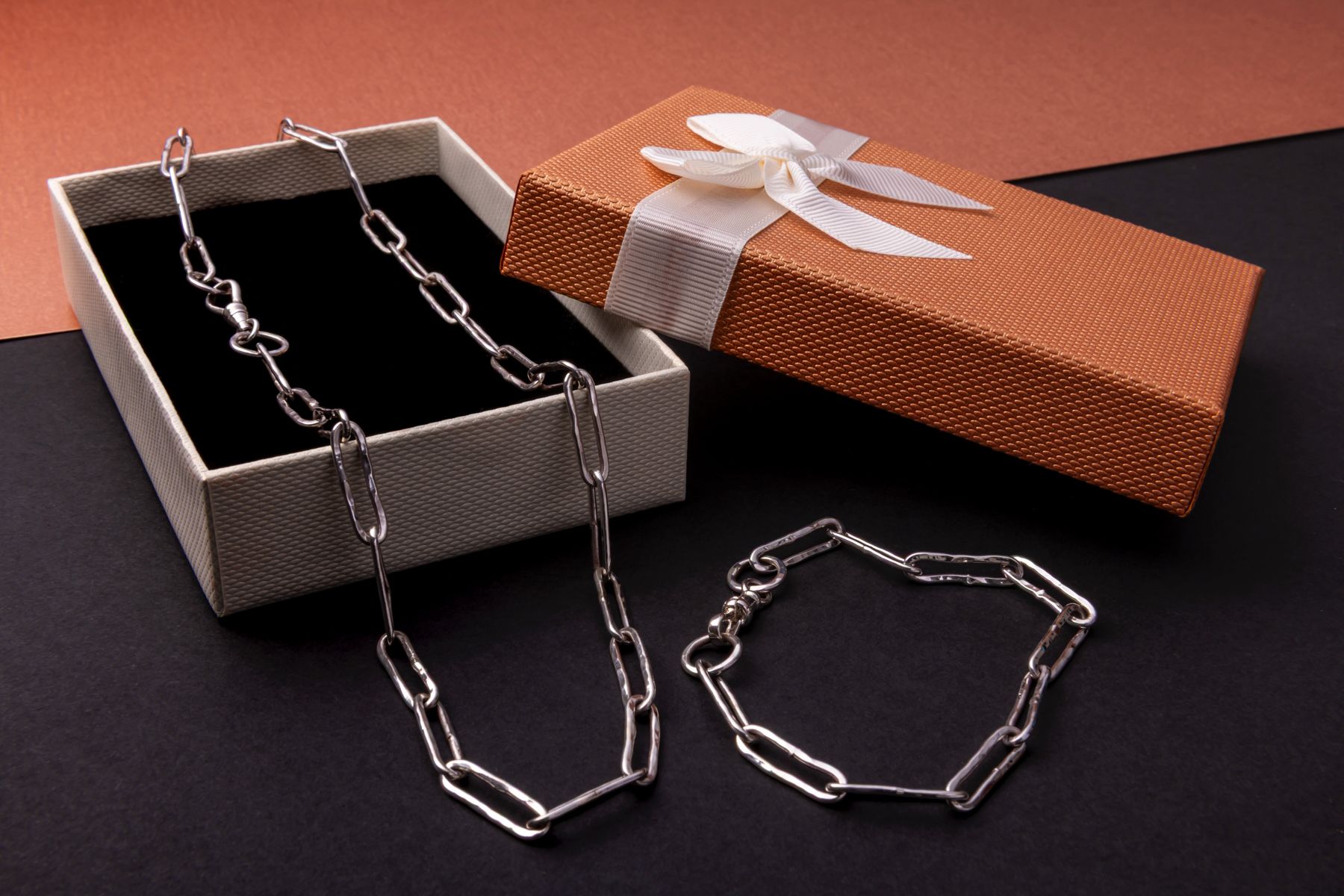 Silver hammered large link bracelet and chain necklace