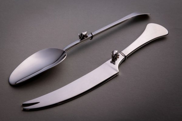Silver Butter Knife and Stilton Scoop with silver cast mouse wrapped around handles