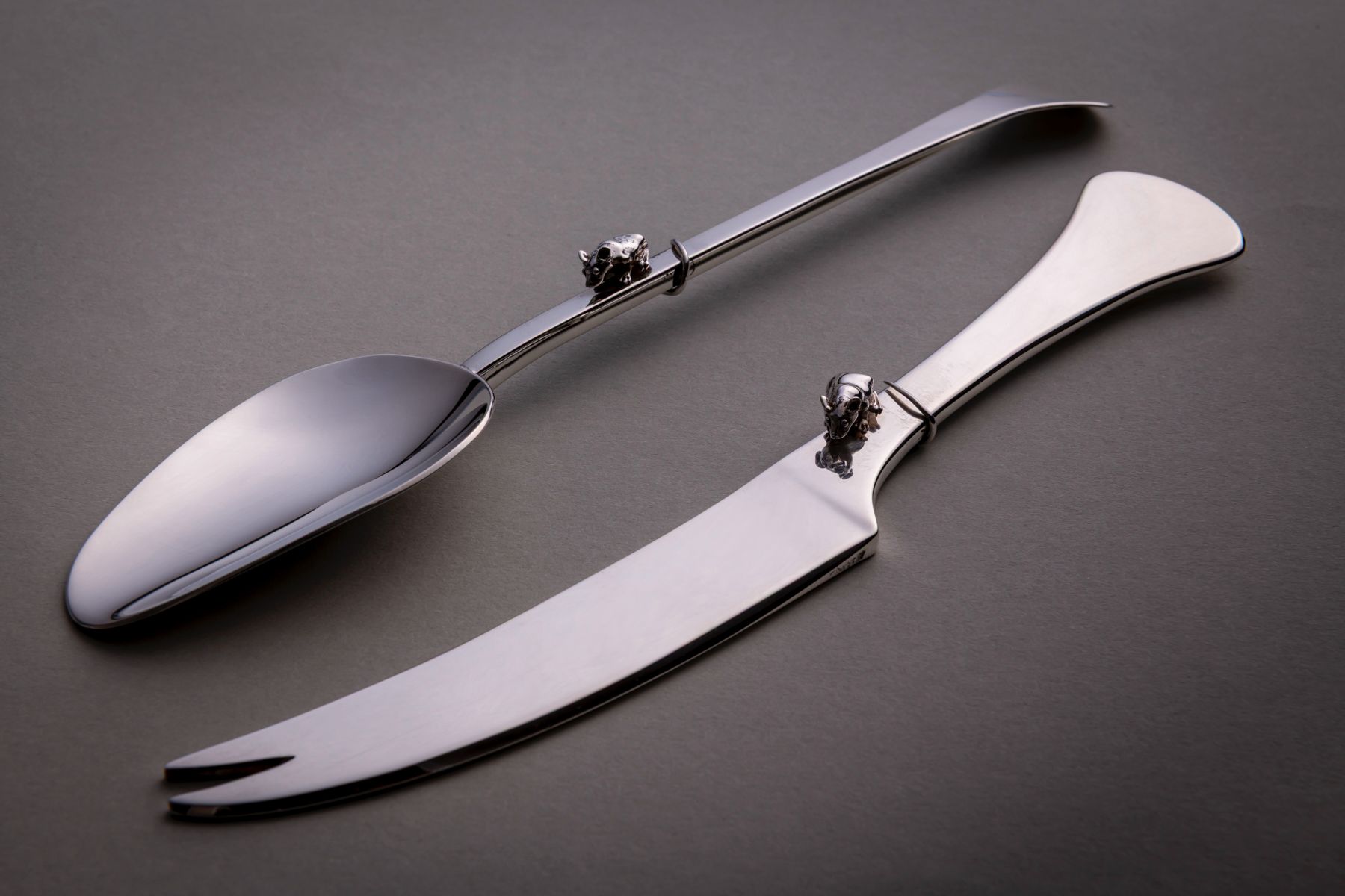 Silver Butter Knife and Stilton Scoop with silver cast mouse wrapped around handles