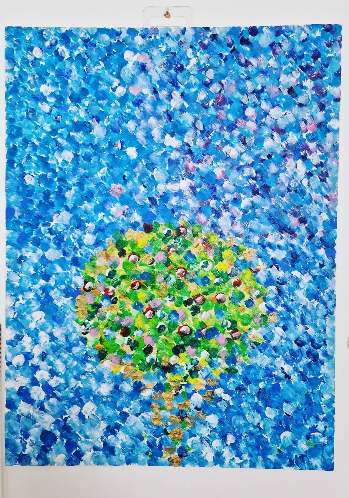 Stippled effect painting of a tree with blue background