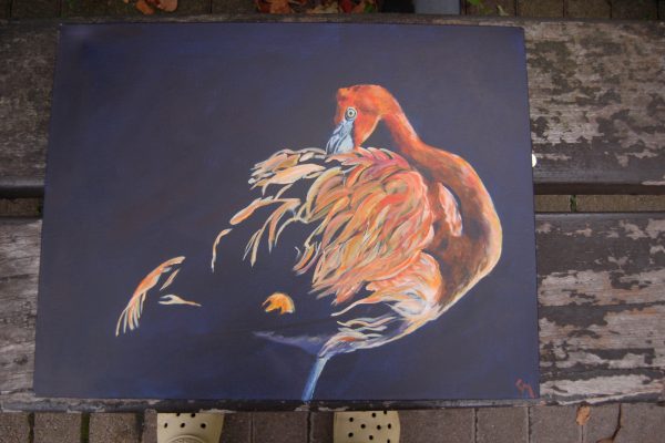 Flamingo on black background. Acrylics.